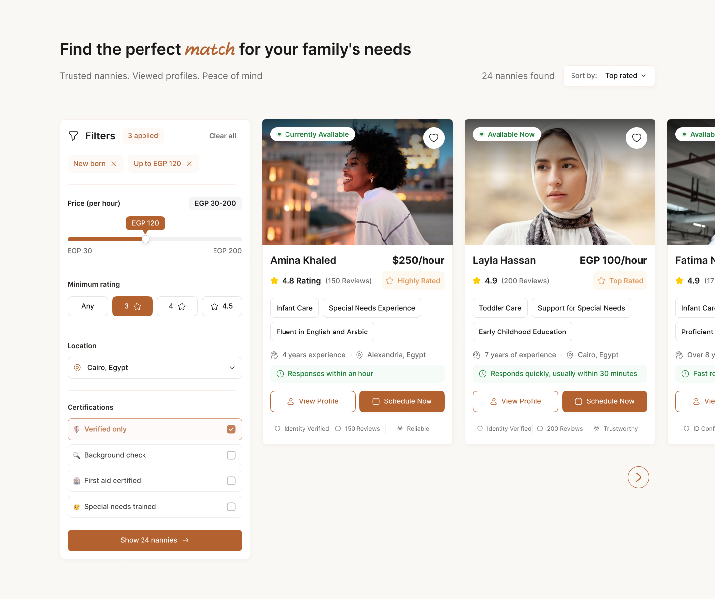 Before — the search-first CareNest results view with filters
