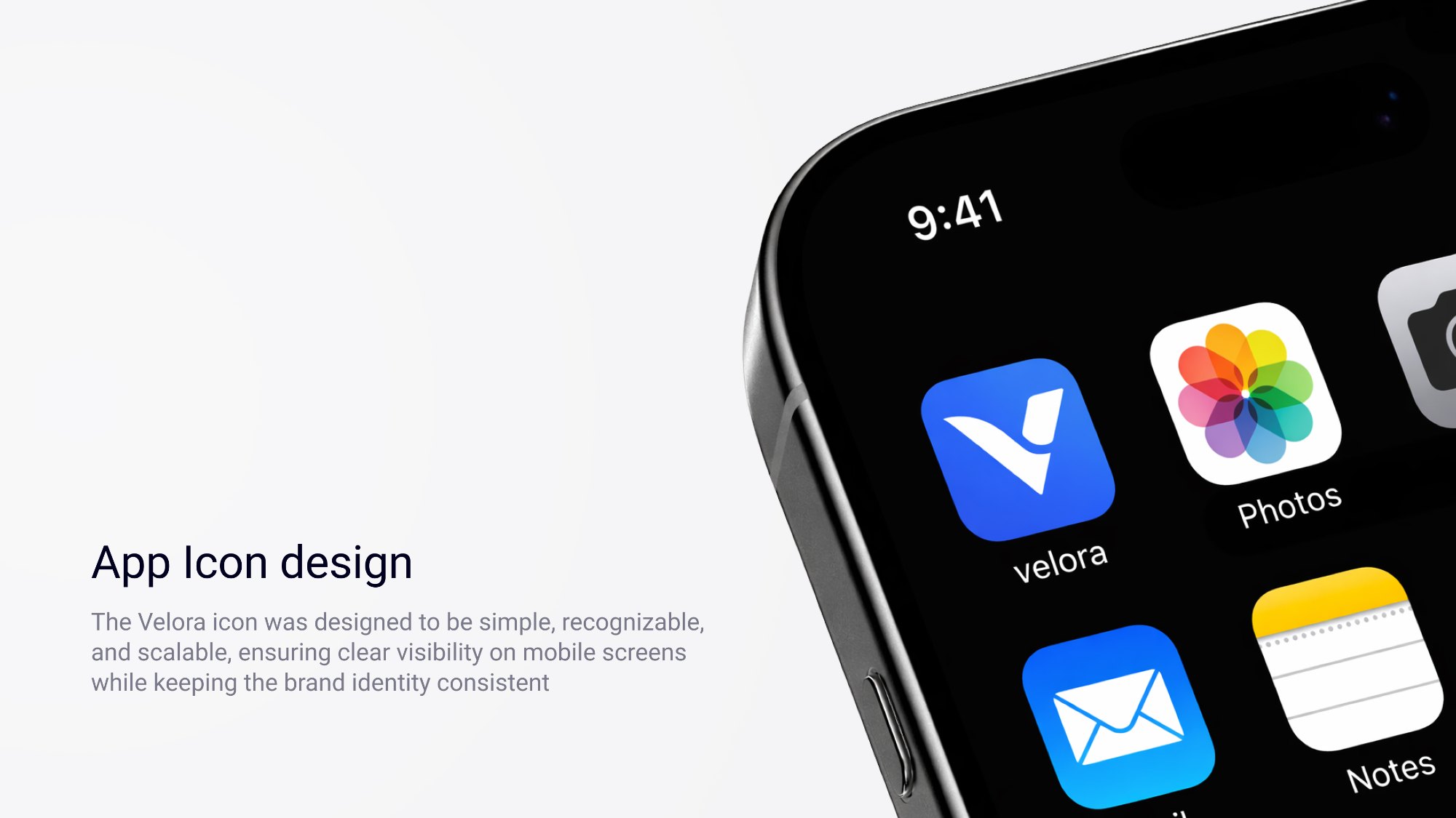 The Velora app icon on an iPhone home screen next to Photos, Mail and Notes