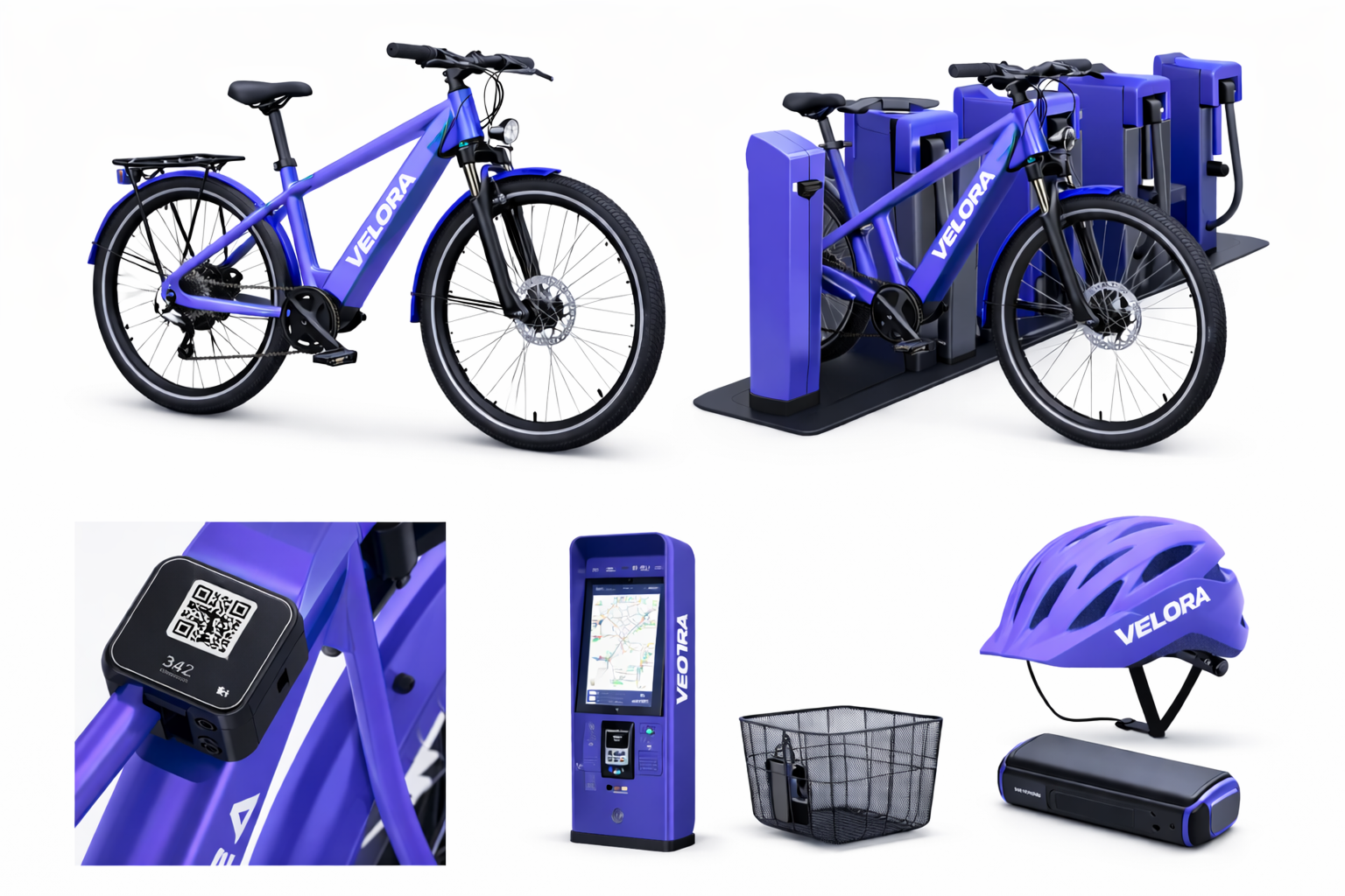 Velora hardware: the bike, the docking station, the QR plate on the frame, the station kiosk, helmet, basket and battery