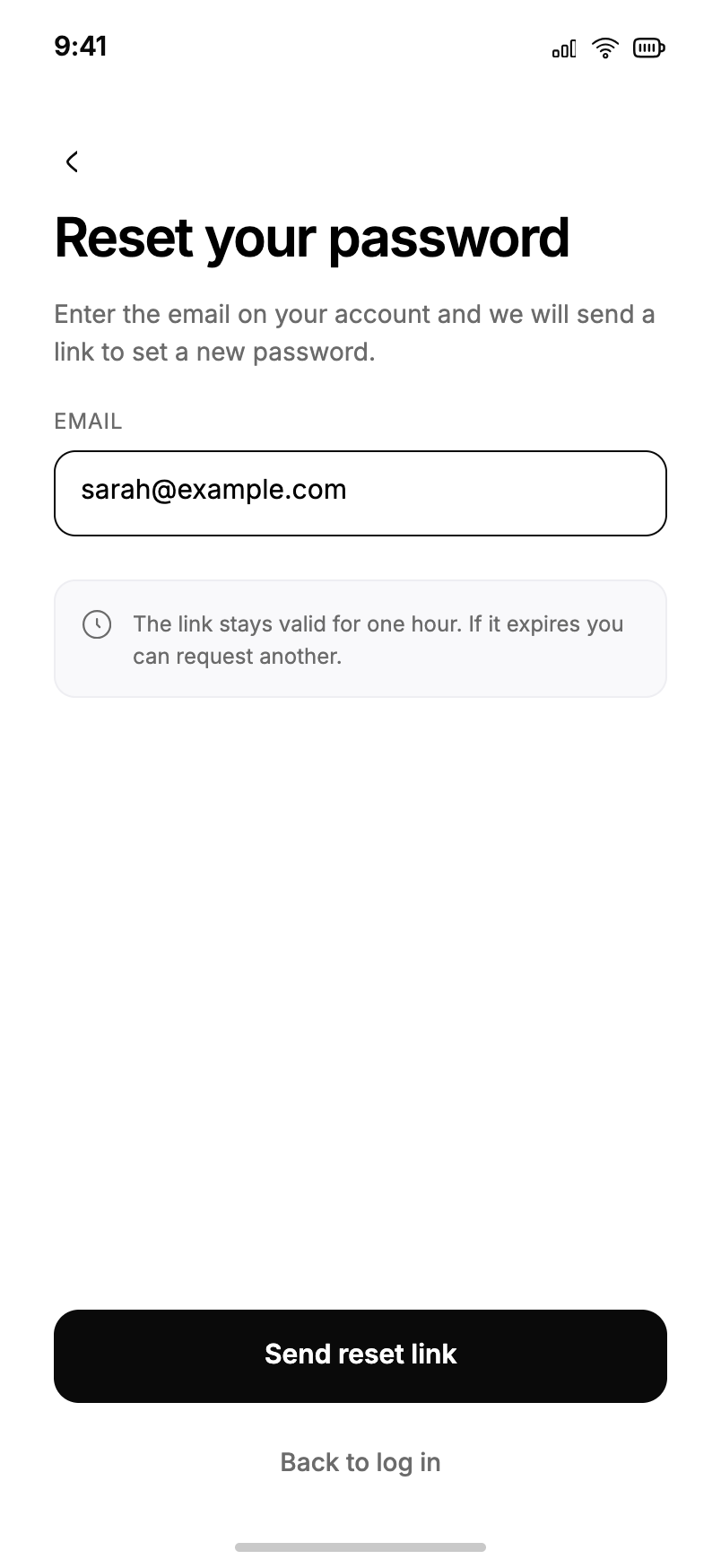 Reset your password, with a note that the link stays valid for one hour