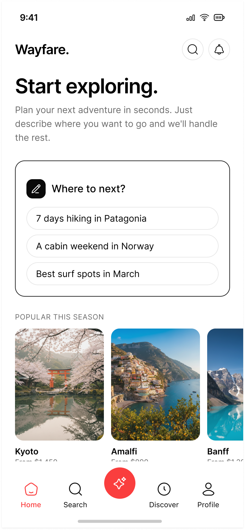 Home, empty: Start exploring, with three seeded prompts and priced cards under Popular this season