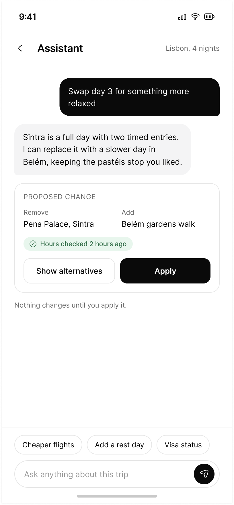 Assistant screen: a proposed change to day three, held behind an Apply button