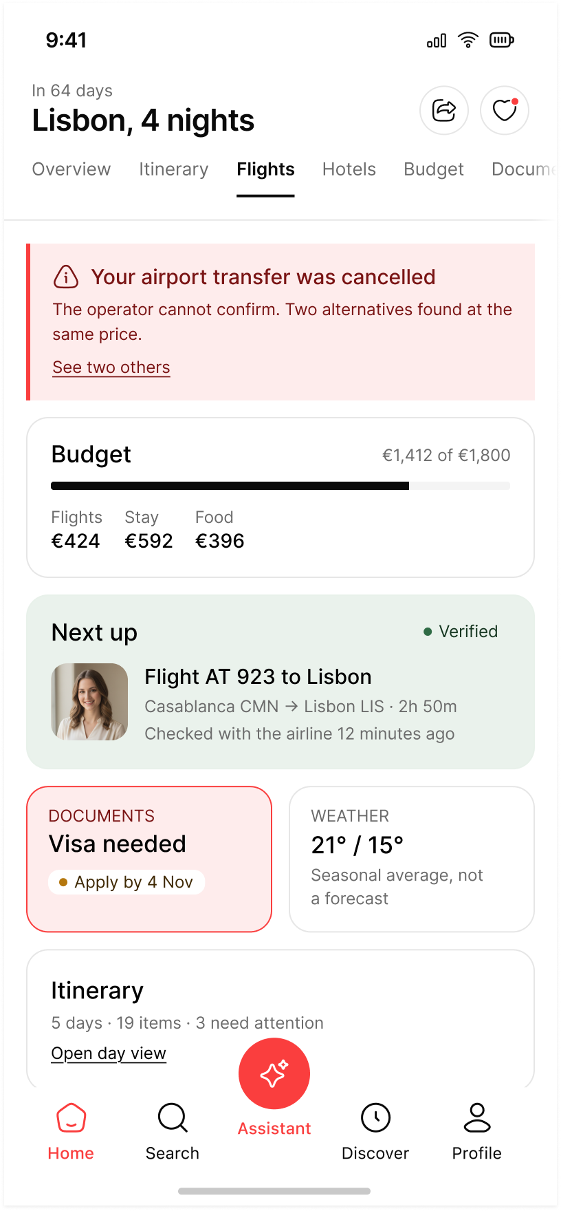 Trip hub for Lisbon, four nights: a cancelled transfer notice, budget, next flight and itinerary