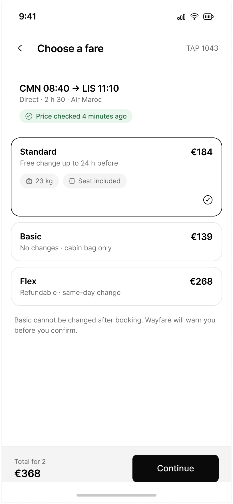 Choose a fare: Standard, Basic and Flex priced side by side, with a price-checked timestamp and the total for two travellers