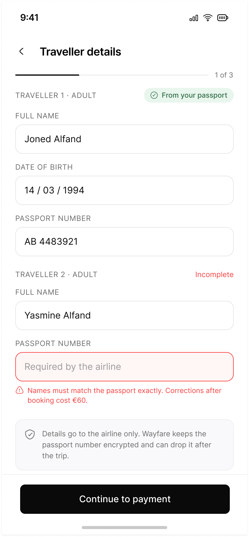 Traveller details, step one of three: passport-filled fields for the first traveller and an incomplete passport number for the second