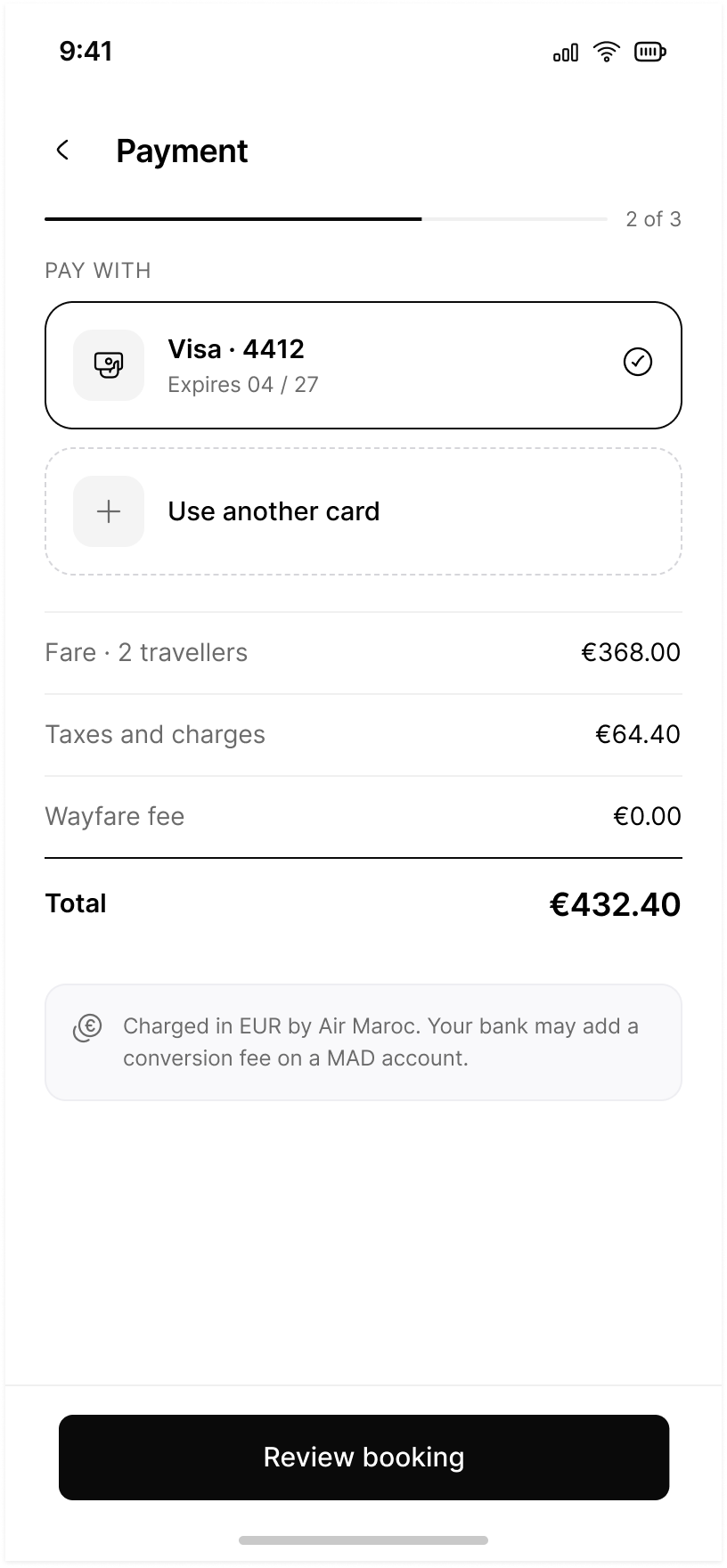 Payment, step two of three: a saved Visa, the option of another card, and the total broken into fare, taxes and a zero Wayfare fee