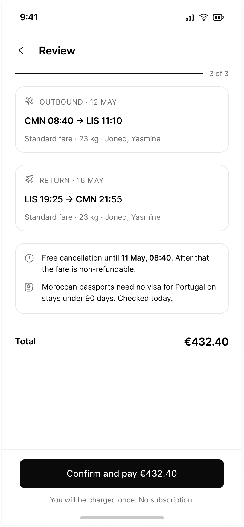Review, step three of three: both legs with fare and baggage, cancellation terms, a visa note and the total