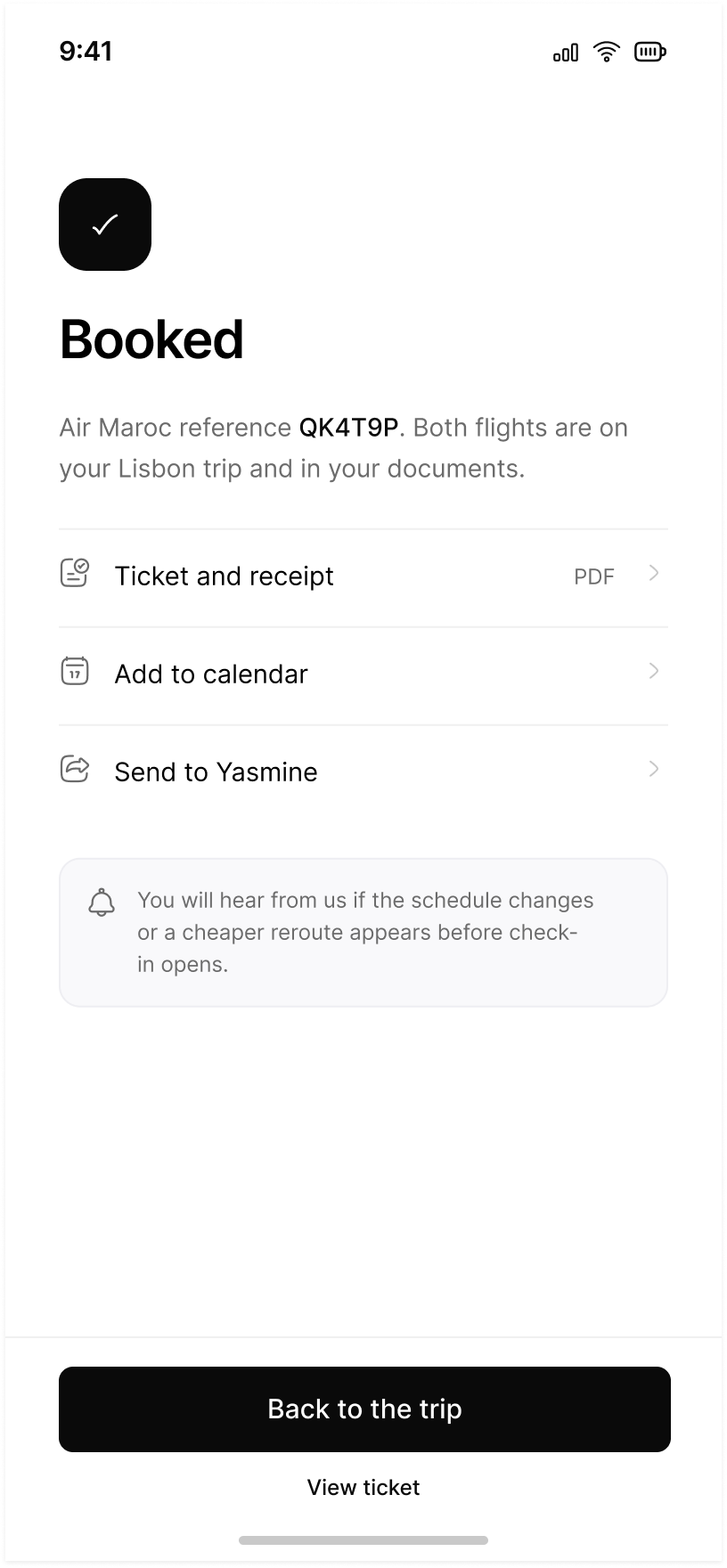 Booked: an Air Maroc reference, ticket and receipt as PDF, add to calendar, and send to the second traveller
