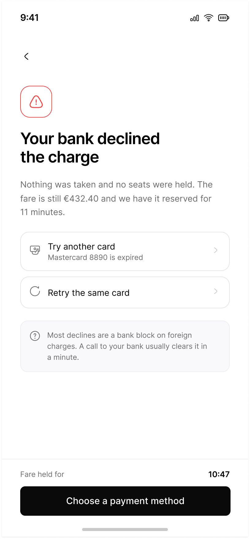 Bank declined the charge: nothing taken, the fare still held for eleven minutes, two recovery routes and an explanation of why declines happen