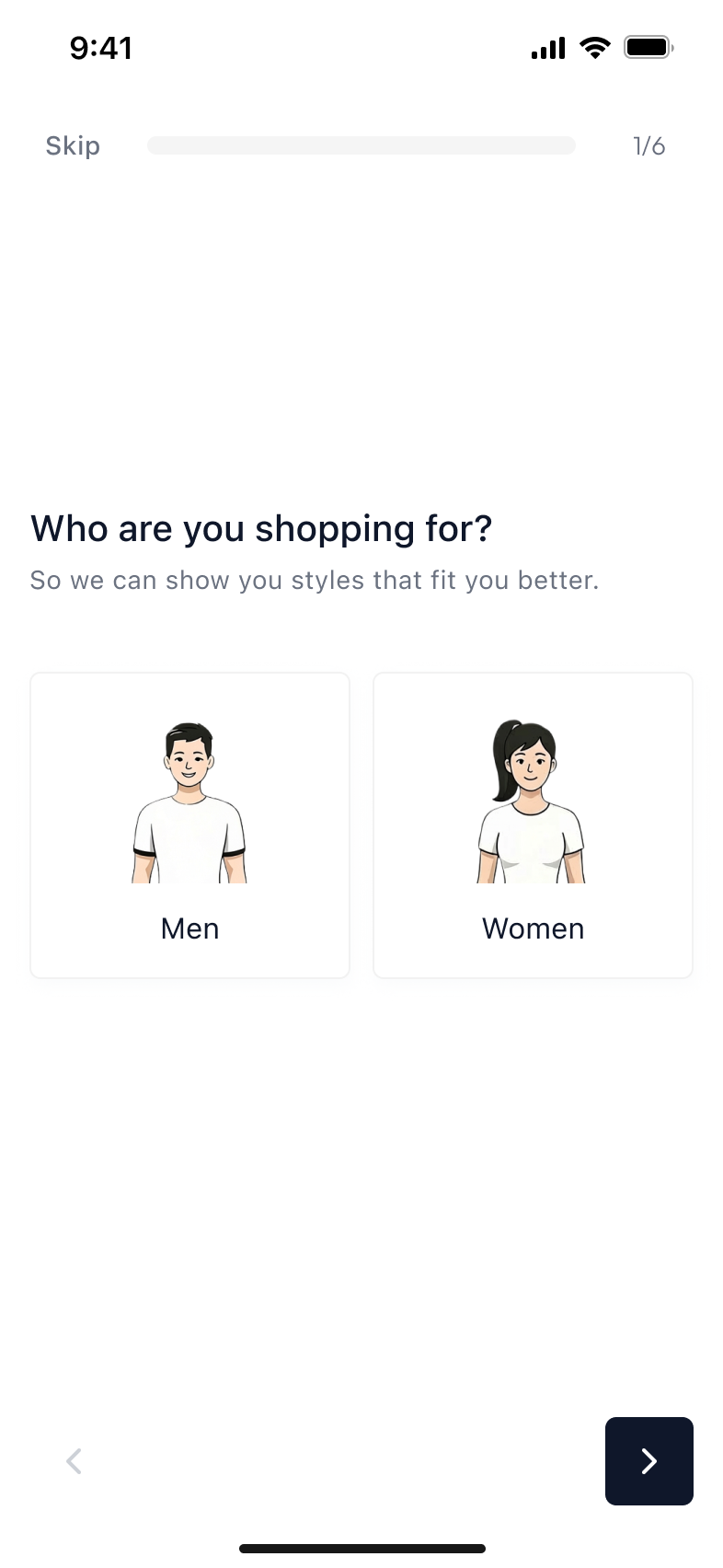 Talla onboarding step 1/6: Who are you shopping for?