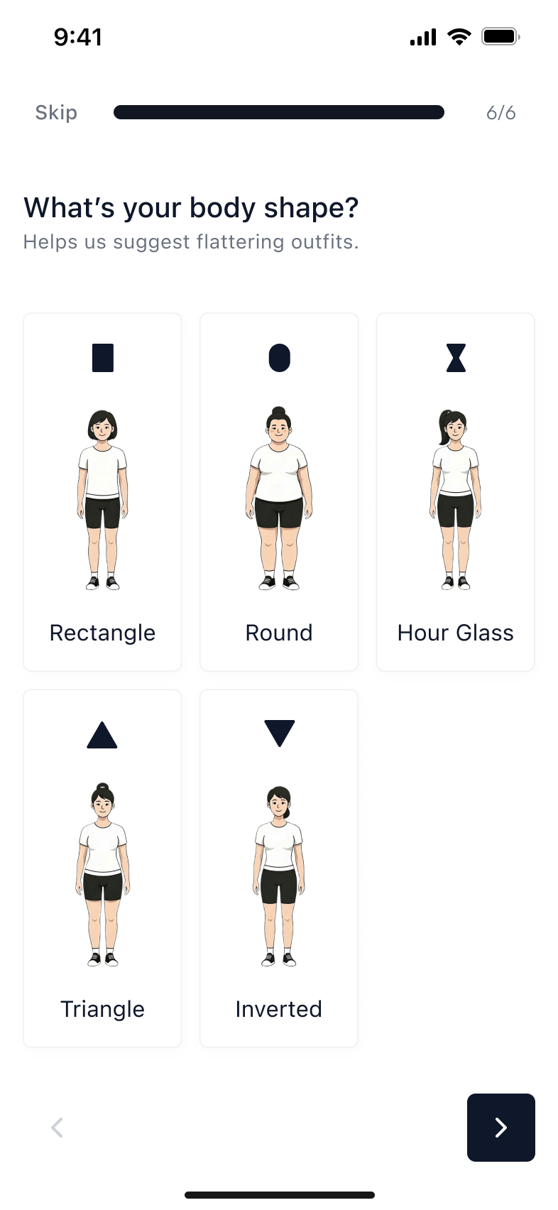 Talla onboarding step 6/6: What's your body shape?