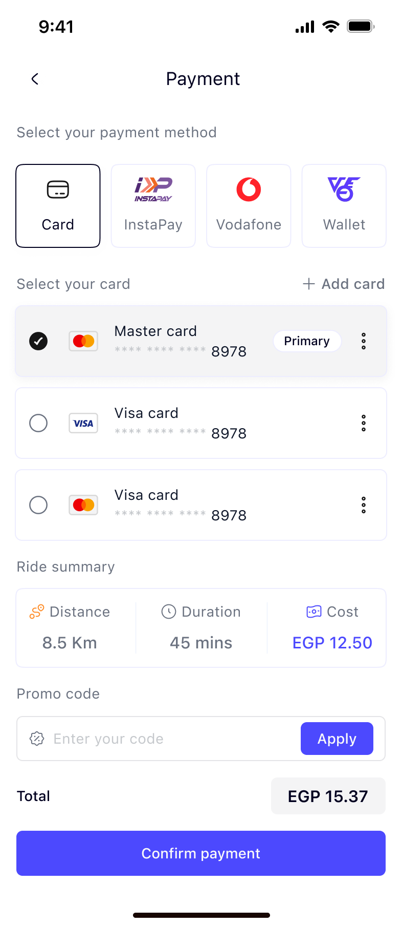 Payment screen with card, InstaPay, Vodafone and wallet options and a ride summary